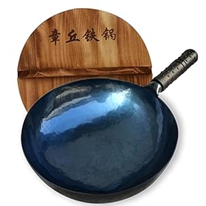 Chinese Hand Hammered Iron Woks Set, Non-Stick No Coating Preseasoned Wok Blue Round Bottom Wok Pan for Electric, Induction and Gas Stoves （Blue Black-12）