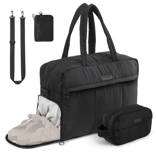 Travel Duffel Bag, Puffy Sports Tote Puffer Gym Bag with Toiletry Bag & Shoes Compartment, Quilted Weekender Overnight Bag for Women (Black)