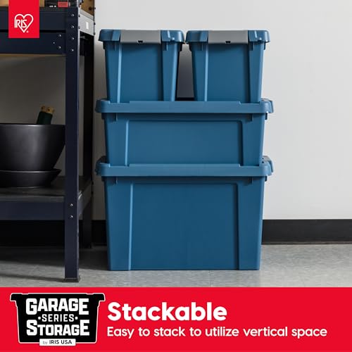 Image of IRIS USA 12 Gallon Eco-Friendly Lockable Storage Bins with Lids, 4 Pack - Made in USA, Heavy Duty, Stackable Containers, Garage Organizing Bins Moving Tubs, Rugged Sturdy Equipment Utility Box - Navy