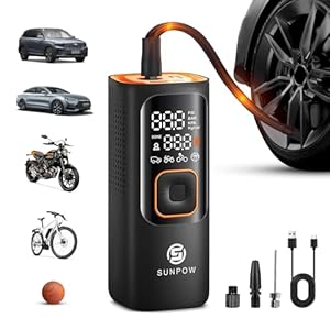 SUNPOW Elektrische Luftpumpe, Tragbar Mini Kompressor mit 7500mAh Akku, 160PSI Tragbarer Luftkompressor Auto Reifenpumpe, 12V DC Dual Power, Digital LCD, LED Licht, AutoOff, Als Powerbank
