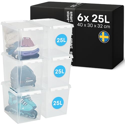 SmartStore - 6x Aufbewahrungsbox mit Deckel Classic 25L (40x30x32cm) | Stapelbare Box mit Deckel | Lebensmittelechte Kunststoffbox | Plastikbox mit Deckel & verstärkten Ecken | 10 Jahre Garantie