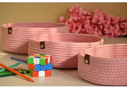 Image of AuraNest Jute Rope Storage Baskets Set of 3, Pink Woven Cotton Rope Baskets for Organizing, Decorative Nesting Bowls for Bathroom, Nursery, Shelf, Kitchen, Small Storage Bins for Home Decor