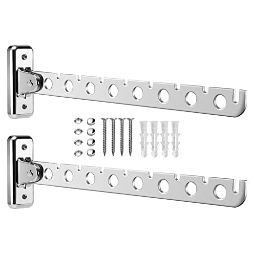 2 Piezas Percheros Pared Gancho de Pared Plegable de Acero Inoxidable Colgador de Ropa Montado Pared Percha 8 Agujeros para Lavandería Baño Balcón(Plateado, 30cm)