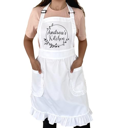 TEEAMORE Custom Ruffle Apron Your Name With Floral Frame Kitchen Cooking Baking Grilling Cleaning Maid Costume Women Apron White
