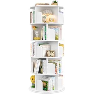 Aheaplus Rotating Bookshelf, 360 Display Wood Spinning Bookshelf Tower, 5 Tier Floor Standing Bookcase Storage Rack, Revolving Bookcase Corner Bookshelfs for Small Space, Bedroom, Study Room, White