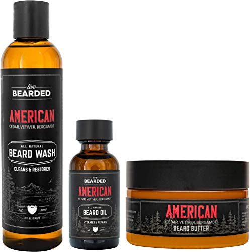 Live Bearded: 3-Step Beard Grooming Kit - American - Beard Wash, Beard Oil And Beard Butter - All-Natural Ingredients With Shea Butter, Jojoba Oil And More - Beard Growth Support - Made In The Usa #TOP21