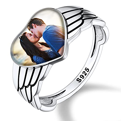 Custom4U Personalized Photo Rings for Women - Custom Made Dainty Heart-Shaped/Claddagh Ring with Picture Inside - 925 Sterling Silver/Stainless Steel Engraved Memory Jewelry A-Heart-Sterling
