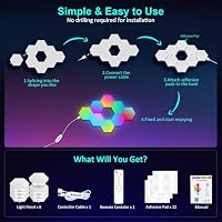 MeRGBW-Home 12 Pcs Hexagon LED Panels, Sechseck Gaming Deko LED Wandleuchte, Musik Sync, APP-Kontrolle, Fernbedienungen, Sechseck Waben Wall Lights Gaming Zubehör Hexa Lampe Smart Zuhause Wand Deko – Ansicht 7