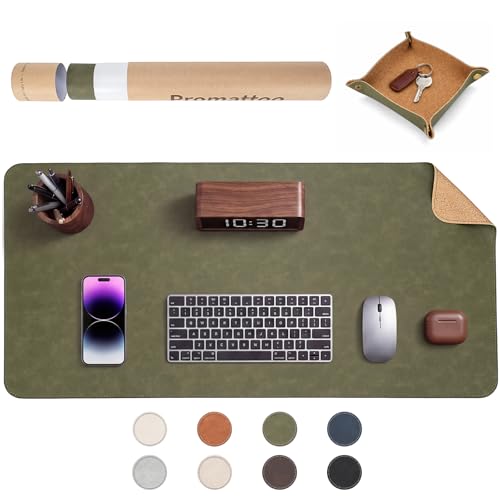 PROMATTOO Faux Leather Desk Mat with Valet Tray, Non-Slip Waterproof Desk Pad, Cork-Effect Printed Backing, Desk Protector with Gift Tube for Office & Home(Olive Green)