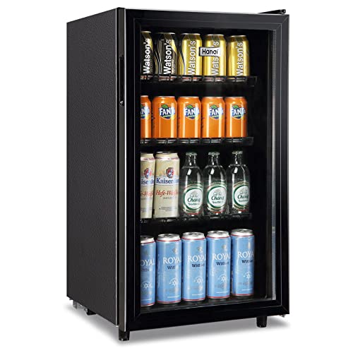 WANAI Mini Fridge Cooler 125Cans Beverage Refrigerator Glass Door Beverage Cooler for Beers Wine Juicer Cooler Adjustable Shelves LED Lights for Home, Office or Bar
