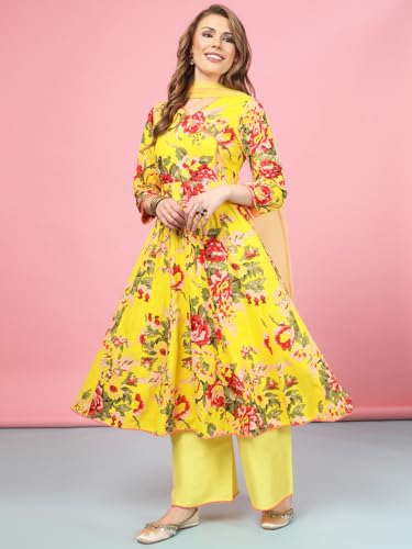 Image of A.T.U.N. (ALL THINGS UBER NICE) Womens Floral Printed Angrakha Pure Cotton Kurta with Palazzos & Dupatta Set | Traditional Ethnic Wear Clothing Set