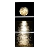 Artmyharbor 3 Pieces Vertical Wall Art Full Moon Canvas Print Black and Gold Moon on Sea Picture Modern Apartment Bedroom Decor for Adult