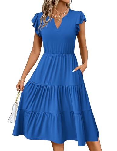 Zeagoo Kleider Damen Sommer Rüschen Ärmel V-Ausschnitt Kleider Einfarbig Kleid Sommerkleid A Linie Wickelkleid Mit Taschen Blau L