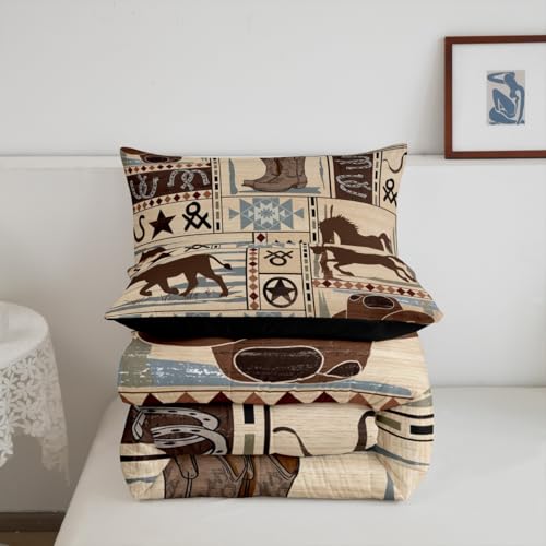 Image of Feelyou Boho West Cowboy Bedding Set Horseshoe Comforter Set for Kids Boys Girls Children Rodeo Cowboy Style Comforter Rural Country Farmhouse Duvet Set Room Decor Quilt Set Twin Size
