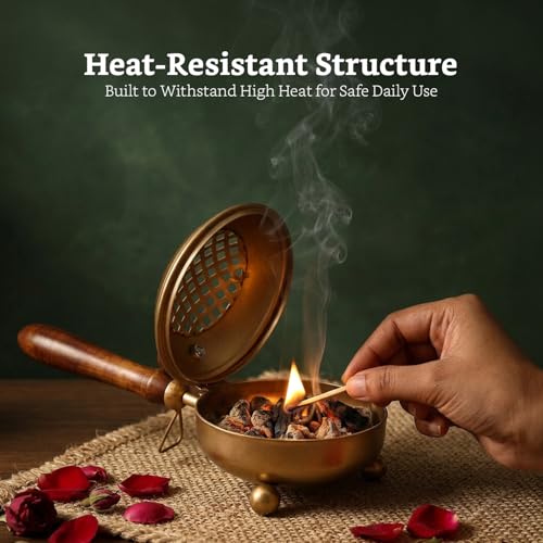Image of Amazon Brand - Solimo Dhoop Dani with Handle (11.4 cm / 4.4 Inch) | Incense & Loban Burner Dhuni Stand | Durable Iron Body with Golden Finish | Round Design | Safe Grip Handle | Ideal for Home, Office & Temple Pooja