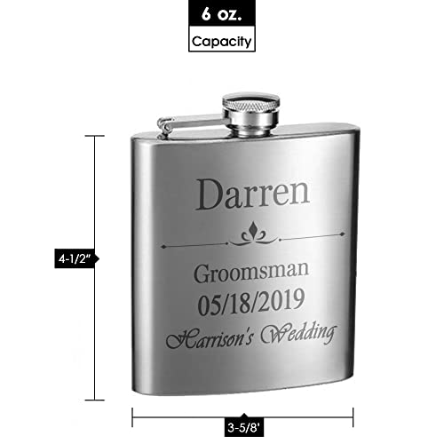 Top Shelf Flasks 6Oz - Custom - Wedding - 6 Pack Hip Flask - Custom Engraving - Screw-On Leak Proof Cap - Bachelorette Party Favors - Groomsmen Gifts - 6-Pack In Stainless Steel #TOP2