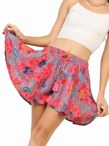 Image of KE KANHA EXPORTS Women's Boho Printed Viscose Flared Shorts | Skort‑Style Silhouette | Elastic Waist with Tassel Drawstring | Lightweight Summer Casual