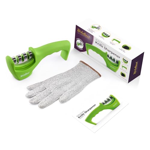 Image of 4-in-1 Kitchen Knife Accessories: 3-Stage Knife Sharpener Helps Repair, Restore and Polish Blades and Cut-Resistant Glove