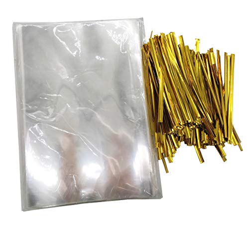 200 bolsas de trébol con 200 lazos dorados  1,4 mils de grosor OPP bolsas de plástico para Lollipop Candy Cake Pop Chocolate Cookie Wrapping Buffet 3.94''x 5.9''