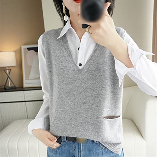 100% Merino Wool Sweater Pocket Vest Women's V Neck Pullover Slit Cashmere Knit Sleeveless Loose Vest Top2