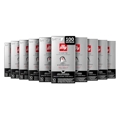 illy, Kompatible Aluminium-Kaffeekapseln FORTE, 100% Arabica mit Intensivem Röstbrot-Aroma und Einem Nachgeschmack von Dunkler Schokolade, 10 Packungen mit 10 Kapseln (100 insgesamt)