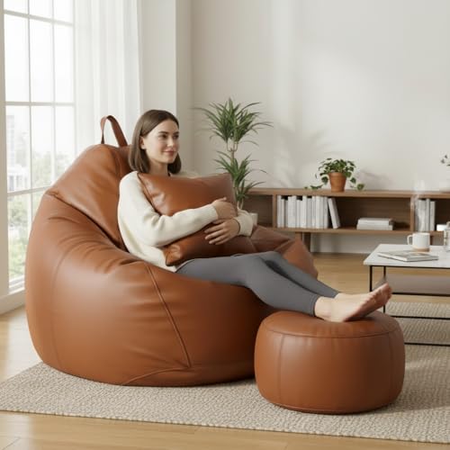Image of KAM'S LIEU Bean Bag Chair with Footrest & Cushion | Pre-Filled Beans | PVC Leatherette Lounger Sofa | Indoor & Outdoor Bean Bag | 6 Months Warranty Size & Color- (TAN, XXXXXL, Premium)