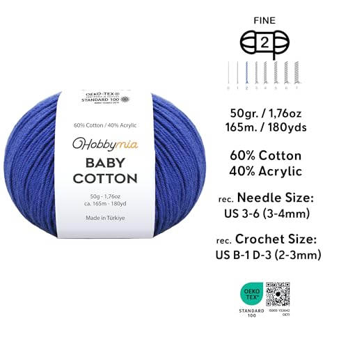 Image of Baby Cotton Blend Yarn - Soft Sport Weight Yarn for Crochet & Amigurumi - 50g /180yds - 60% Cotton 40% Acrylic - Ideal for Baby & Knitting Proj.(Royal Blue, 1 Ball)