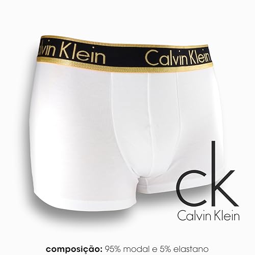 Calvin Klein Cueca Modal Boxer Trunk Elástico Bordado Metalizado, Branco e Dourado, P