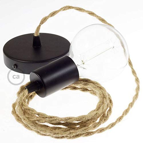 Pendel único, lámpara Colgante Cable Textil en Jute TN06 - Negro, 2 Metros, Ya montado