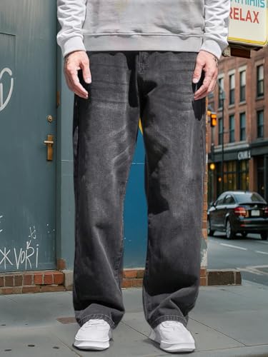 Image of Loose Fit Mid Rise Dark Grey Men Denim Jeans