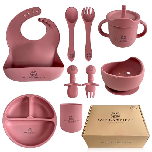 Image of Wee Bambinos Silicone Feeding Set - 10pc Baby Plates, Bowls & Utensils for Led Weaning, Pink