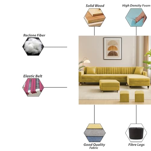 Image of Casaliving Garcia RHS 8 Seater L Shape Sofa Set with Ottoman & 2 Puffy for Living Room (Yellow Colour) Premium Fabric Sofa Set