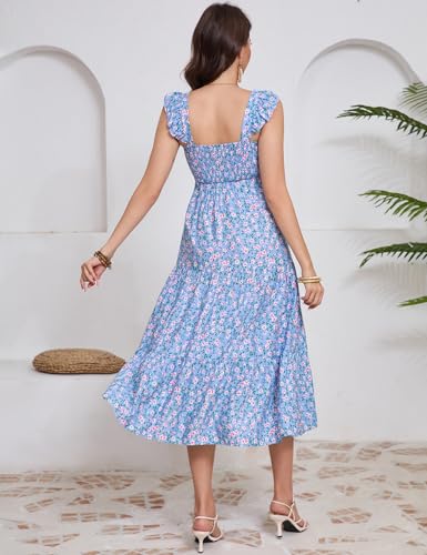 Image of KOJOOIN Womens Maternity Dress Summer Sleeveless Smocked Square Neck Ruffle Casual Boho Midi Dress Baby Shower Photoshoot
