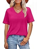 XIEERDUO Womens V Neck Tops Basic T-Shirts Casual Short Sleeve Tops Loose Fit Spring Clothes Hot Pink M
