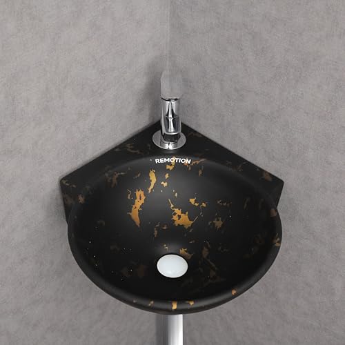Image of REMOTION Wall Mounted Wash Basin for Bathroom | Wall Hung Corner Sink | Ceramic Round Wall Hung Wash Basin | Wall Hung Small Corner Basin (16.3 x 13.8 x 4.3 Inch) (Black Gold Spot)