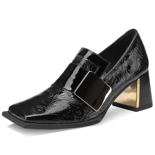 Image of Loafers for Women Patent Leather Buckle Square Toe Chunky Block Dress Slip On Wide Casual Comfortable Dressy High Heels Ladies Comfort Moccasins Elegantes 2 Inch Shoes