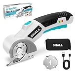 SHALL 4V Cordless Electric Scissors with Safety Lock, LED Light & Replacement Blade – Rechargeable Rotary Cutter for Fabric, Leather, Carpet, Cardboard and Plastic - White & Blue
