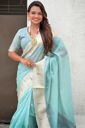 Image of SGF11 Women's Organza Kanjivaram Pure Soft Silk Handloom Saree Pure Golden Zari With Blouse Piece