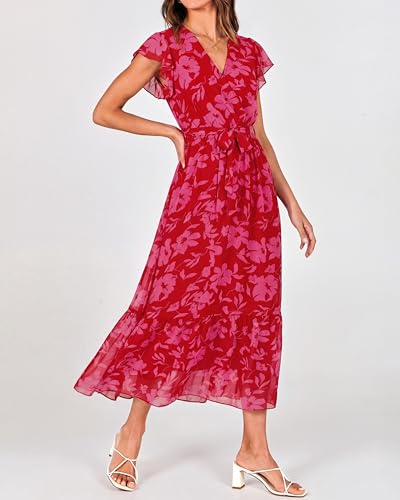 Image of BTFBM Women Summer Bohemian Floral Casual Wrap V Neck Ruffle Cap Sleeveless Belt A-Line Pleated Hem Midi Sun Dress White