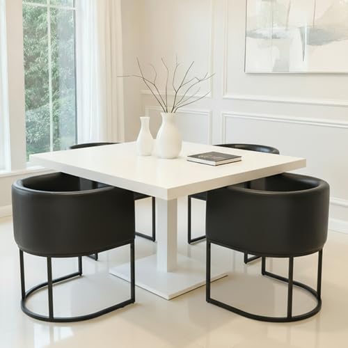Image of HNY Mid Century Modern Upholstered Barrel Black Dining Chair with Arms, Leather Kitchen & Dining Room Chair, 18.5 inch Wide Accent Chair for Dining Room Living Room with Black Metal Frame
