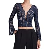 generisch maglia a maniche lunghe in tinta unita con scollo a v e pizzo da donna, elegante camicetta con vestibilità aderente per occasioni casual o formali, moda premaman invernale, blu, l