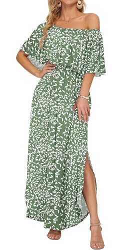 Image of AUSELILY Womens Off Shoulder Ruffle Split Summer Maxi Dresses with Pockets | Off-shoulder Ruffle dress with empire waist & side split for summer beach and casual parties