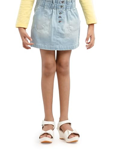 Image of Under Fourteen Girls Pull On Denim Skirt with Satin Lining Lycra Fabric Embroidery Flannel Checks Cotton Pullon Skirt Casual Wear Comfortable Stylish Kids Denim Skirt for Daily