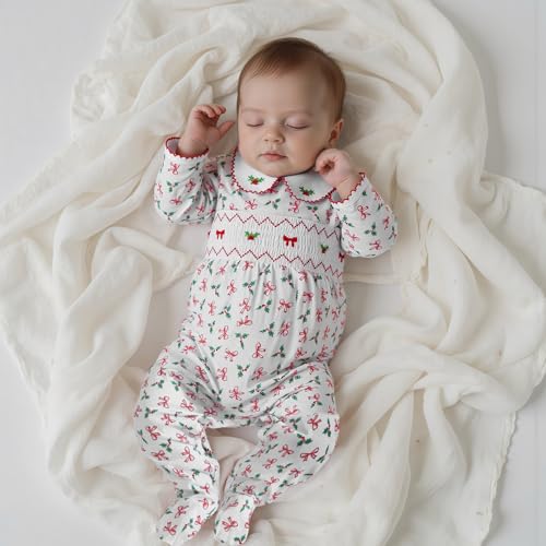Newborn Baby Girl Christmas Footed Romper Holly Leaves Bow Print Peter Pan Collar Long Sleeve Smocked Jumpsuit2