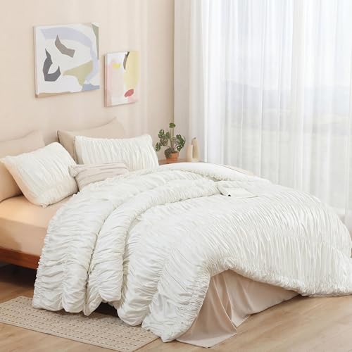 Image of weigelia Cream Comforter Set King - Textured Ruched Cream Ivory King Comforter Set, Soft White Aesthetic Bedding with 2 Pillowcases, 3 Piece Modern Organic Bedroom Comforter Set
