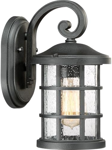 Quoizel Crusade Outdoor Wall Lantern, Coastal Armour 11 Inch 1-Light Earth Black Wall Sconce, Clear Seeded Glass, 100W Exterior Wall Lantern Fixture, Outside Lights for Patio, Porch or Garage