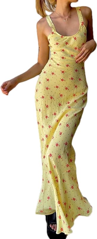 Women Goose Yellow red Floral Dress Straps Summer Dress Crewneck Sleeveless  Long Dresses Bodycon Beach Maxi Dress  (Yellow,S,US,Alpha,Small,Regular,Regular) at Amazon Women's Clothing store