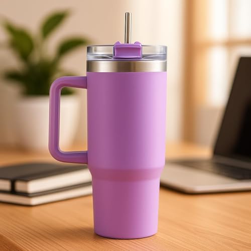 Image of Double Wall Insulated Stainless Steel Tumbler with Handle 1200ml | Travel Mug with Steel Straw| Hot & Cold Beverage Flask | Easy Carry Home, Office, Gym (Purple)
