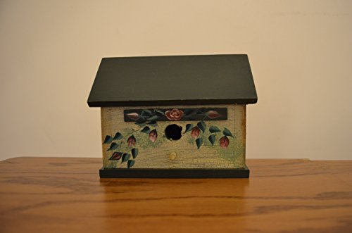 Wood Standing Decoration Birdhouse with Painted Pink Roses and Green Vines on Antique Chipped White Paint. Measurements Are 3 1/4 X 5 3/8 X 4 3/8