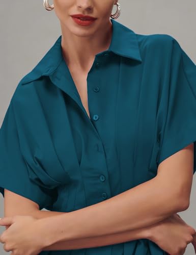 Image of Yeokou Shirt Dress for Women Summer Casual Short Sleeve Button Down Loose Pleated Maxi Sundress with Pockets
